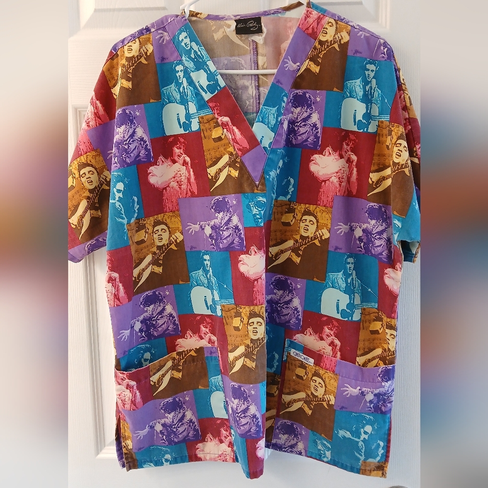 Cherokee Elvis Presley Scrub Top – Colorful Pop Art Style – V-Neck, Short Sleeve